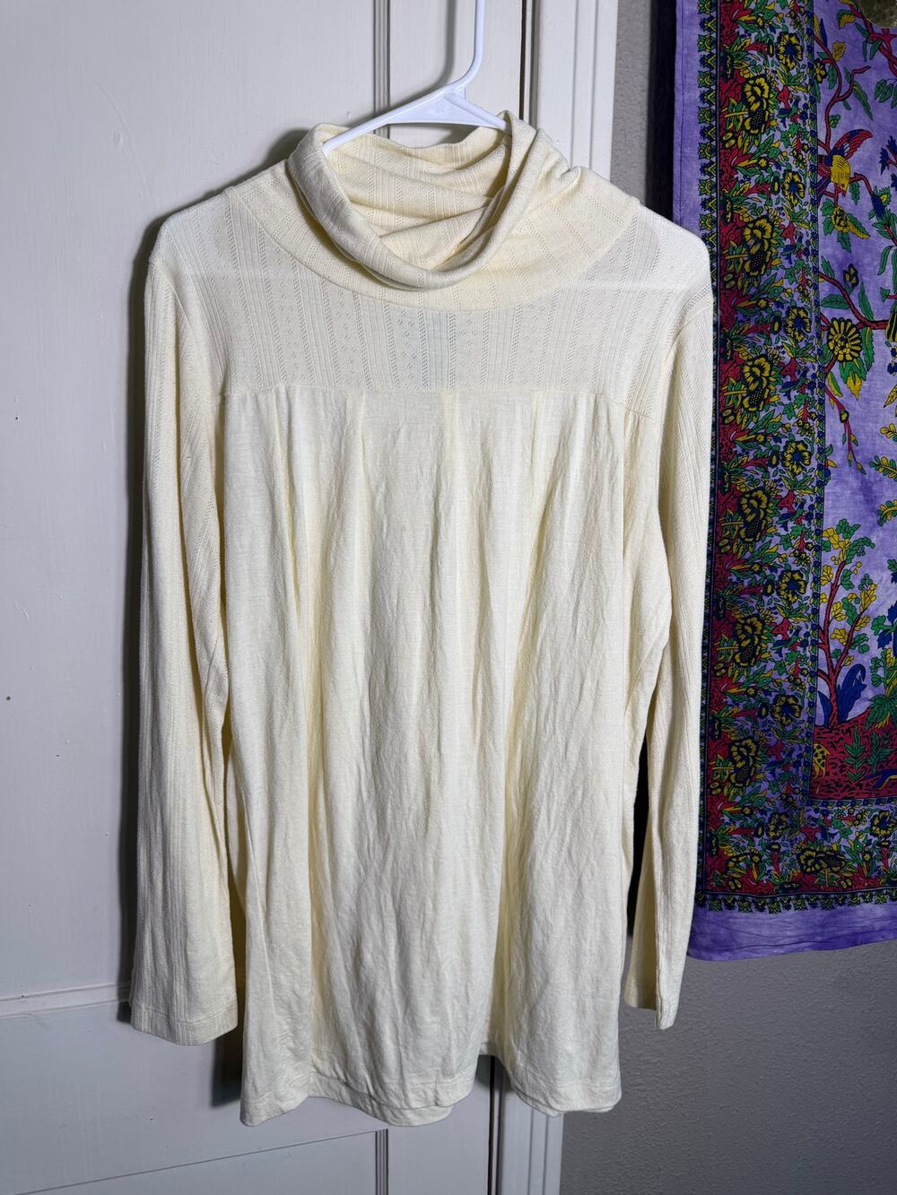 April Cornell Cowl Neck Tunic Top Ivory Cream Pointelle Knit Long Sleeve - Large